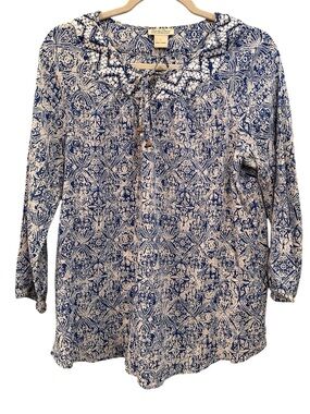 Boho Tie Neck Blouse Top Printed Peasant Beads Flowy Gypsy Lightweight Sz L